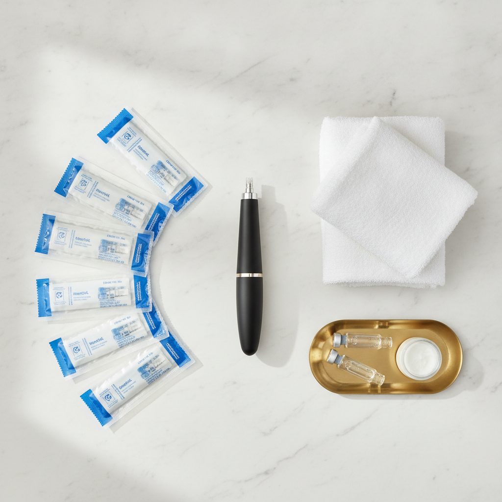 Sealed sterile microneedling cartridges and supplies on marble