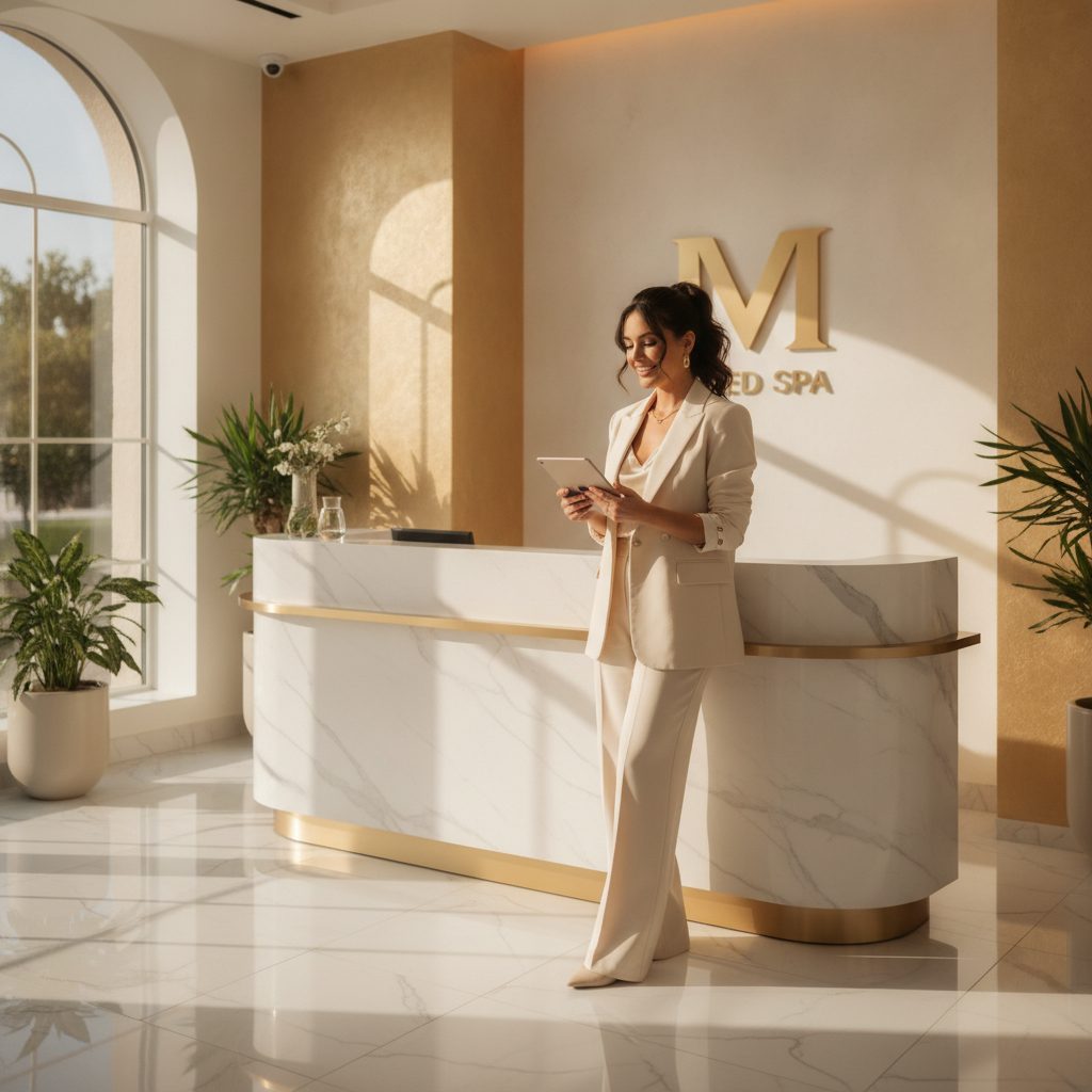 Med spa owner reviewing business numbers