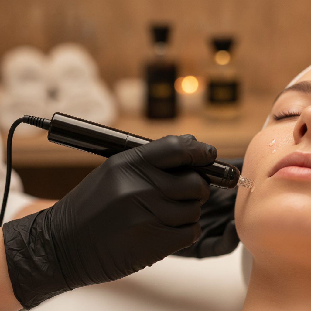 Close-up of a microneedling treatment with a professional pen